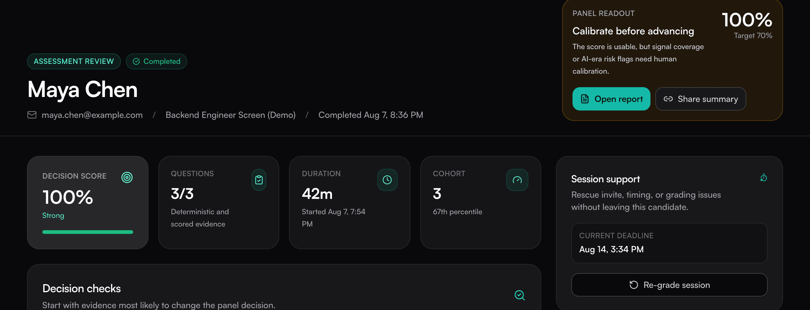 DevEval assessment review showing demo candidate context, decision evidence, task count, duration, and review support